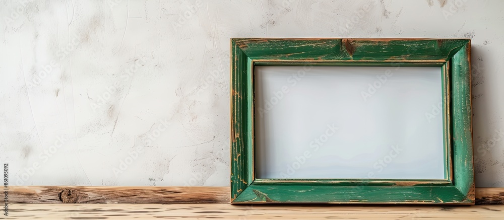 Poster picture frame green wood frame in white background. copy space image. place for adding text and desi