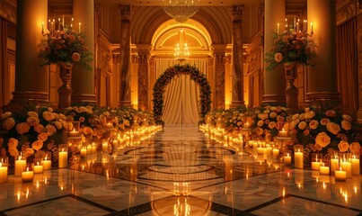 Obraz premium Romantic candlelit wedding aisle leading to an elegant archway