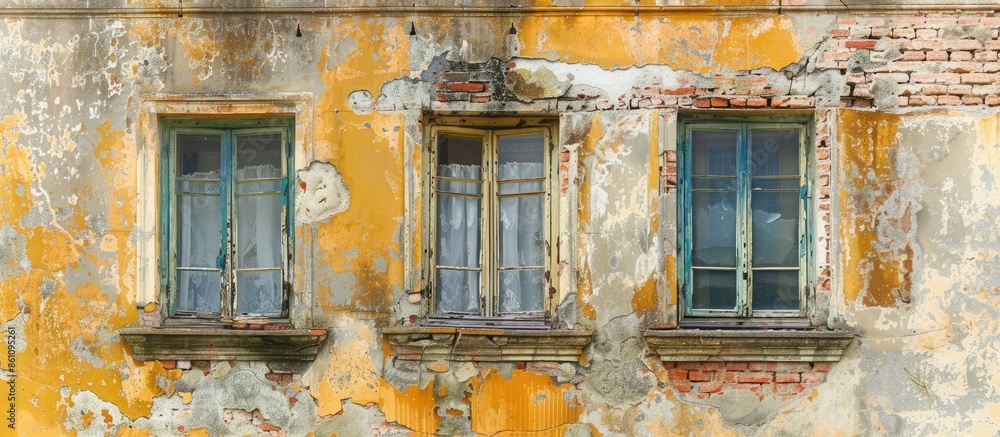 Poster old window(s) in an old house. side of an old building. copy space image. place for adding text and 