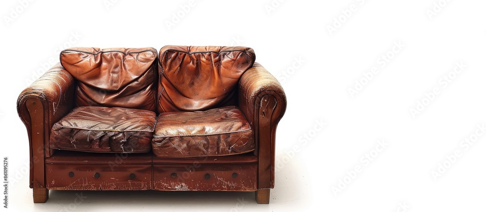 Aufkleber vintage leather couch isolated on white with clipping path. copy space image. place for adding text 