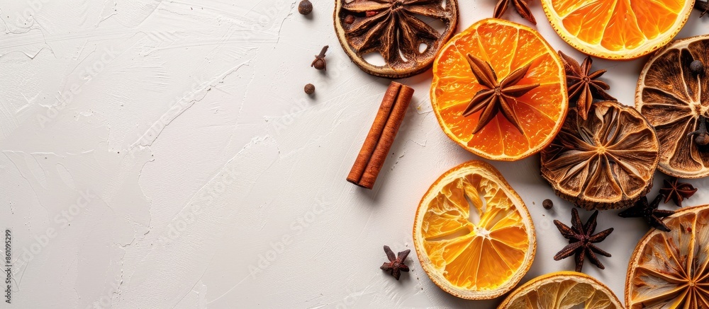 Poster spices for mulled wine pastel background food isolated. copy space image. place for adding text and 