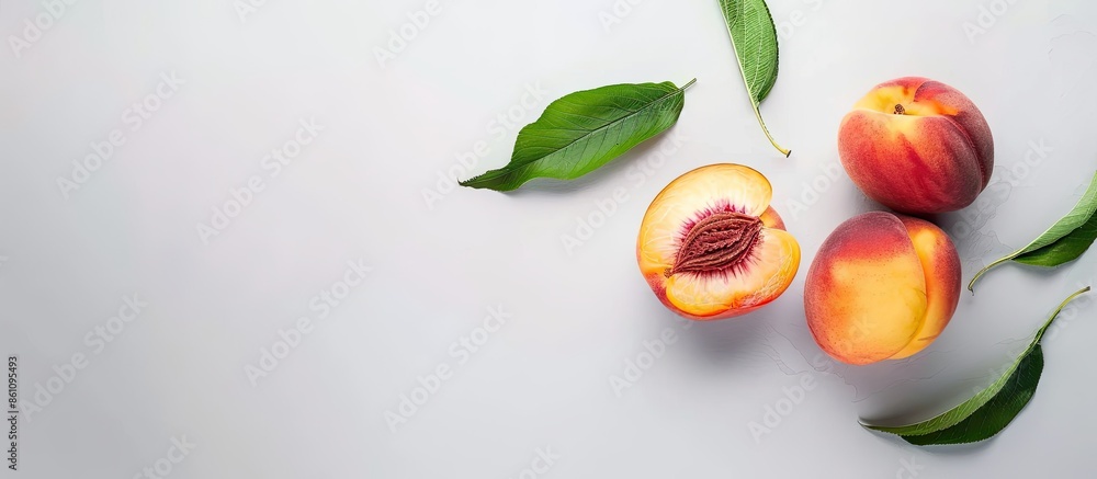Poster peaches isolated. ripe peach and half of a peach on a white background. fresh fruits. copy space ima