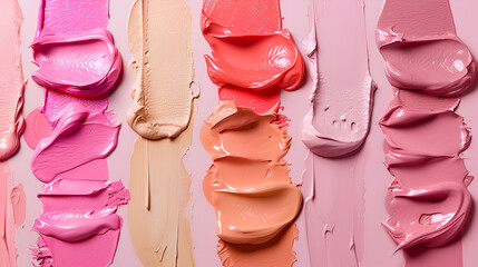 Makeup Smudges Top View of Liquid Lipstick, CC Cream, and Foundation on Light Background. Concept beauty, makeup, cosmetics, smudges, liquid lipstick, CC cream, foundation, top view