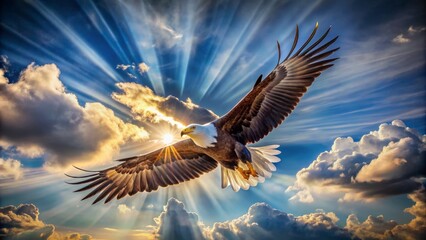 Obraz premium Majestic solitary eagle in mid-flight, wings spread wide, soaring against a subtle cloudy blue sky with sun rays bursting through.