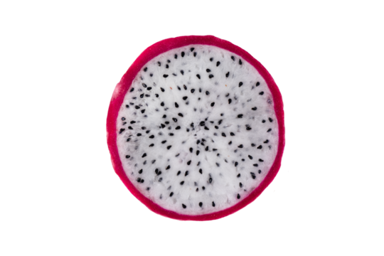 A round slice of dragon fruit isolated on transparent background. A piece of pitaya fruit  for design.