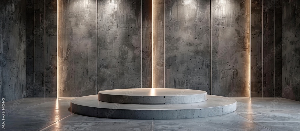 Poster empty grunge style interior with concrete podium with lighting. copy space image. place for adding t