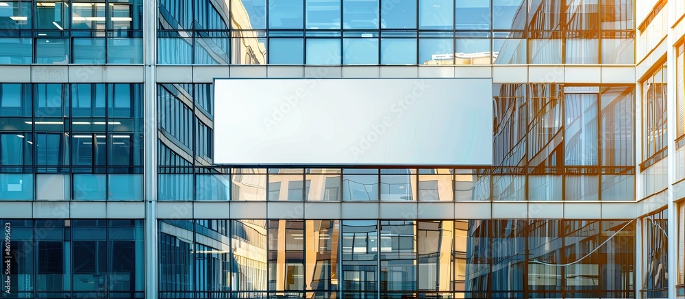 Aufkleber blank white advertising banner mounted on the fence in front of the office building pastel backgroun