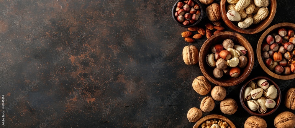 Poster a variety of nuts in wooden bowls. copy space image. place for adding text and design