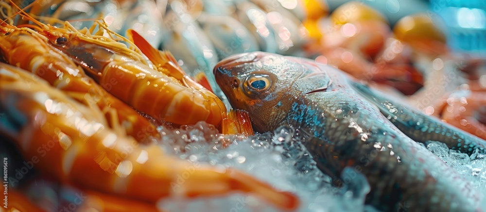 Aufkleber fresh catch of fish and other seafood close-up. copy space image. place for adding text or design