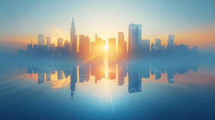 Picture of modern skyscrapers of a smart city, futuristic financial district with buildings and reflections , blue color background for corporate and business template with warm sun rays