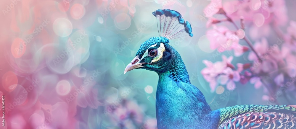 Poster portrait of a beautiful peacock pastel background . copy space image. place for adding text and desi