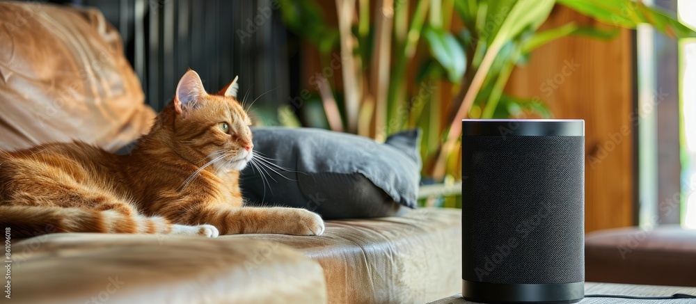 Poster smart home voice activated speaker in lounge with cat. pet talking to alexa. smart home concept. mod