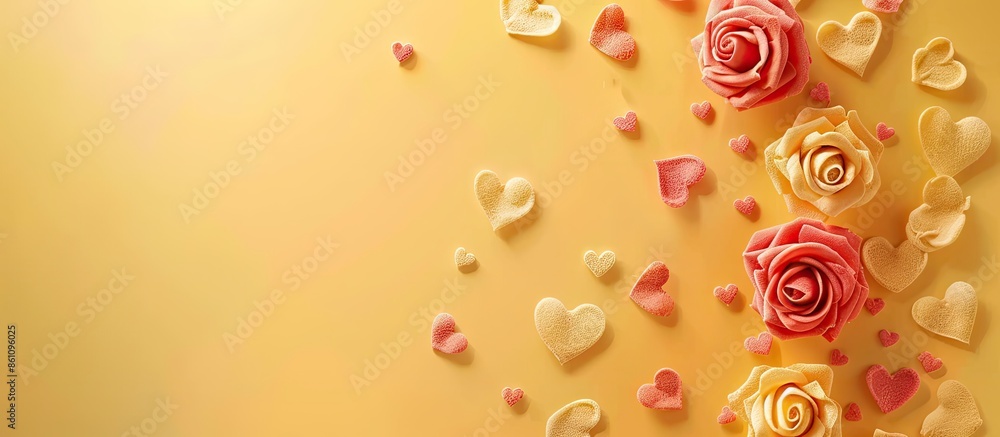 Aufkleber greeting composition with roses and hearts on yello background. pastel background. copy space image.