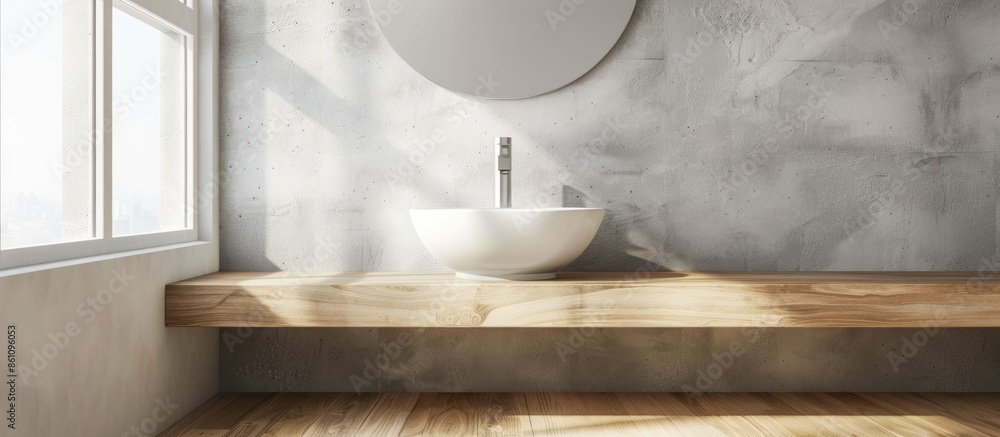 Poster a bathroom with a white sink on a wooden support. copy space image. place for adding text and design