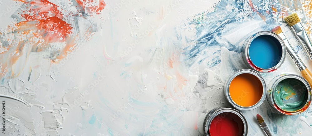 Poster flat lay composition with paint cans and brushes on light background. space for text. copy space ima