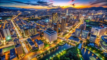 Obraz premium Breathtaking vertical aerial view of Fukuoka cityscape at night, modern streets aglow, rotating counterclockwise, north on left, serenely uninhabited.