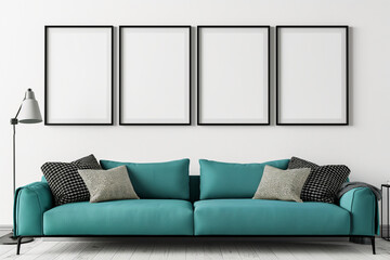 Fototapeta premium 4 vertical poster mockups on the wall on a white background. Turquoise sofa with black and gray pillows nearby, in modern home living room interior design.