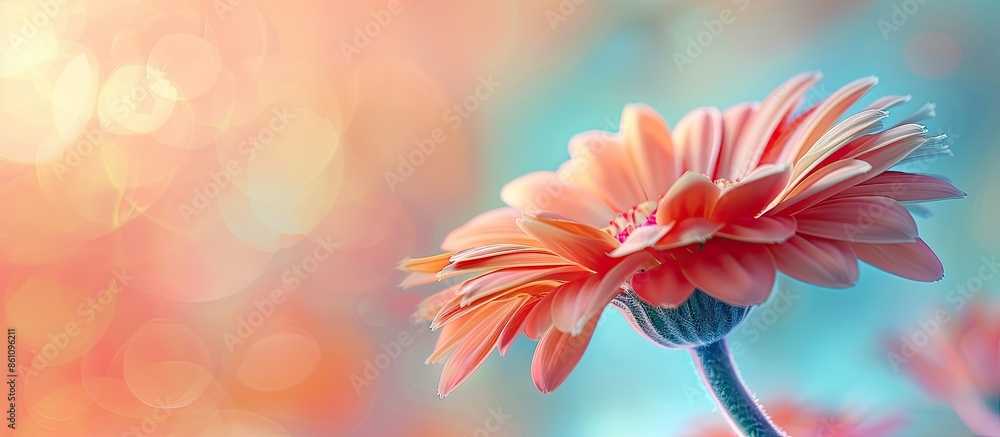 Poster gerbera head bud flower close up macro shot isolated on pastel background. copy space image. place f