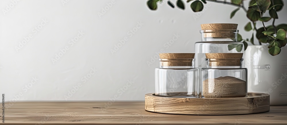 Poster glass jars on wooden stand and wooden desk. copy space image. place for adding text and design