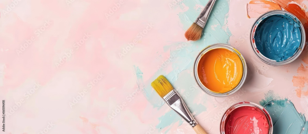 Poster flat lay composition with paint cans and brushes on light background. space for text. copy space ima