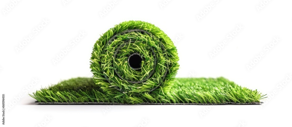 Poster rolled artificial grass carpet on white background. exterior element. copy space image. place for ad
