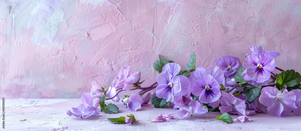 Poster a bundle of blooming viola odorata flowers pastel background. copy space image. place for adding tex