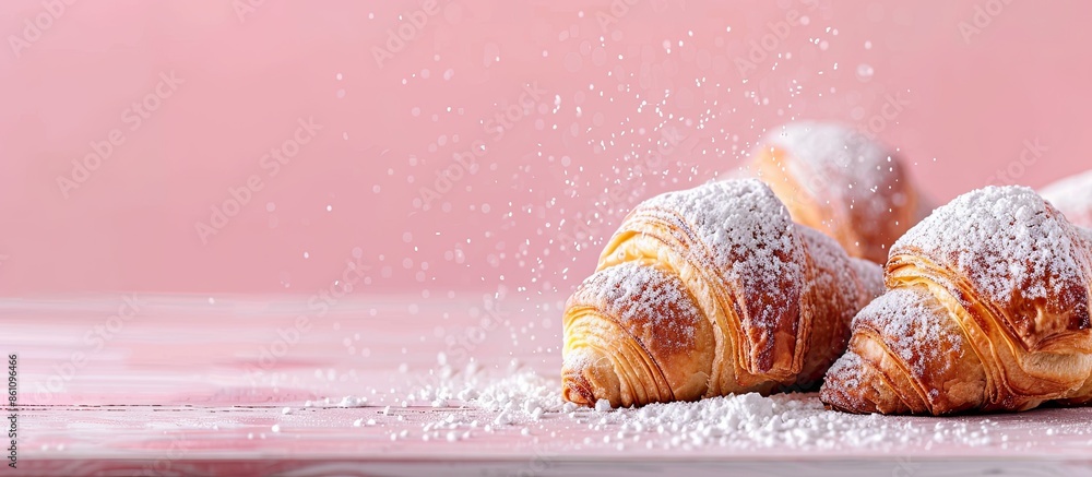 Poster croissants in powdered sugar pastel background food. copy space image. place for adding text and des