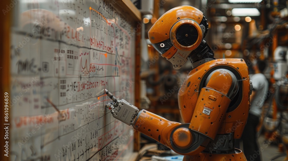 Poster background image of robot machine writing whiteboard. futuristic automation photography. robotics an