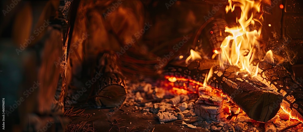 Poster a warm fire in a chimney. burning wood in the fireplace and the flames. copy space image. place for 