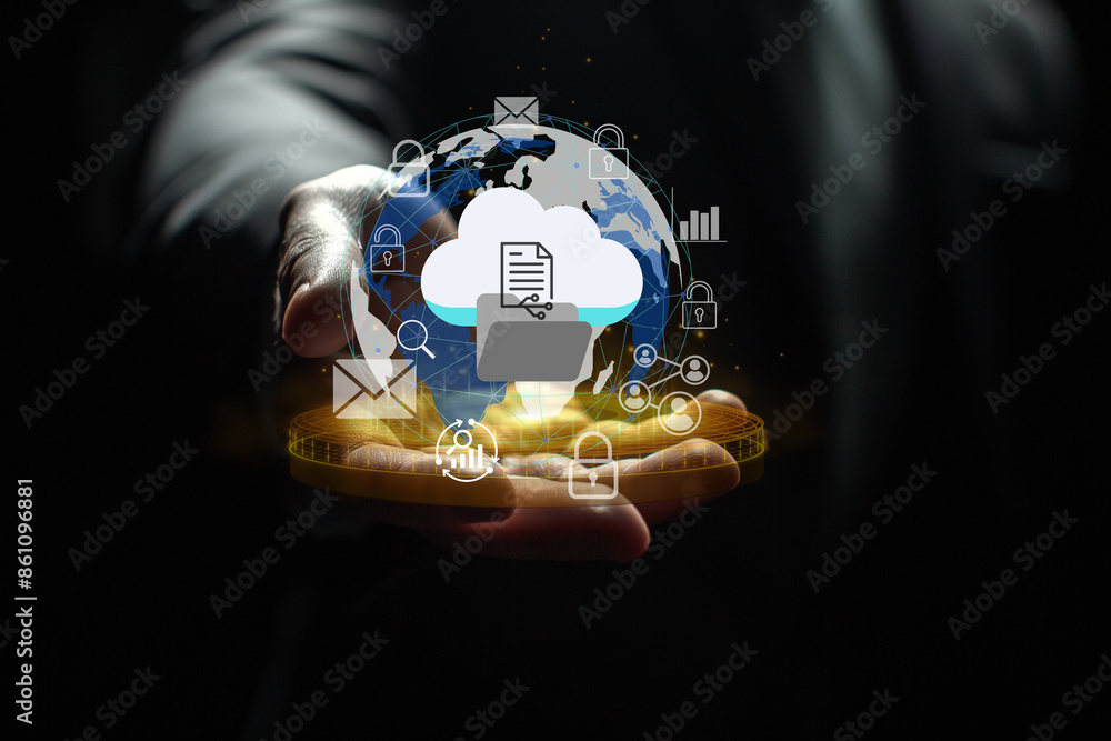 Poster a hand holding a globe with a cloud on it. the globe is surrounded by various icons, a paper icon, a