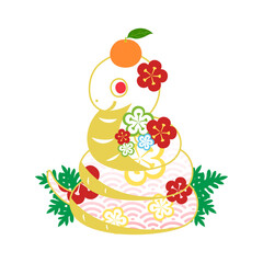 鏡餅の形の白蛇。フラットなベクターイラスト。
White snake in the shape of a New Year's rice cake. Flat vector illustration.