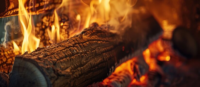 A warm fire in a chimney. Burning wood in the fireplace and the flames. Copy space image. Place for adding text and design