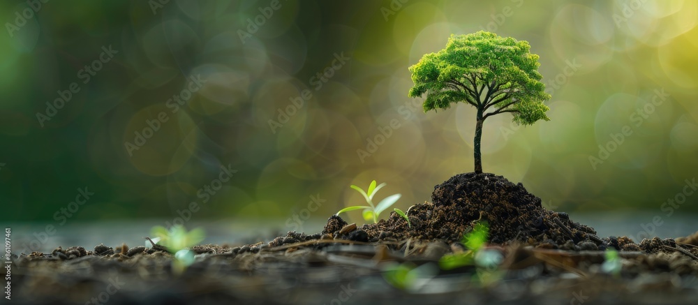 Aufkleber showing financial developments and business growth with a growing tree on a coin. copy space image. 