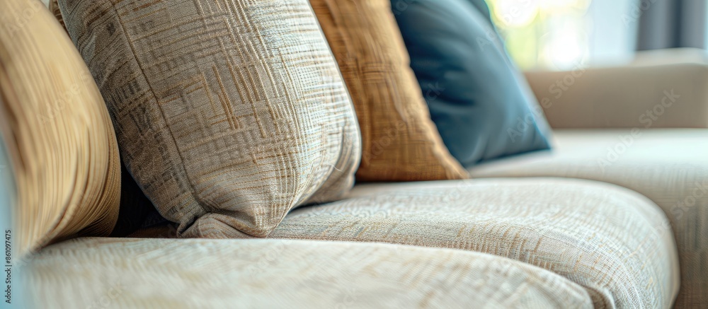 Poster close up of natural color sofa with soft pillow interior concept. copy space image. place for adding