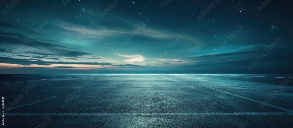 Poster dark concrete runway street floor with night sky horizon. copy space image. place for adding text or