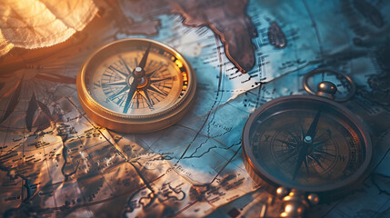 Old sailboat compass and ancient  map historical background A concept on the topic of sea voyages discoveries pirates sailors geography and history Efect of overlay on old texture of p : Generative AI