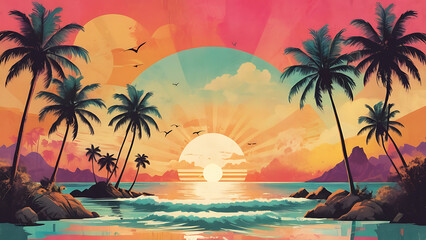 Artistic summer collage with palm trees and beach scenery in sunset hues blending vintage charm with vibrant tropical colors and textures