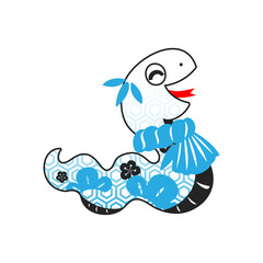笑っている吉祥文様のおめでたい白蛇。シンプルなベクターイラスト。
Auspicious white snake with a traditional pattern, laughing. Simple vector illustration.