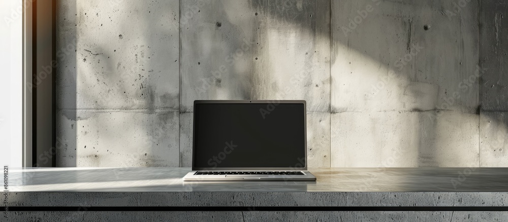 Poster front view of the laptop is on the work table, concrete background, clipping path inside. copy space