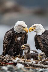 Obraz premium Two adult bald eagles with chicks in nest