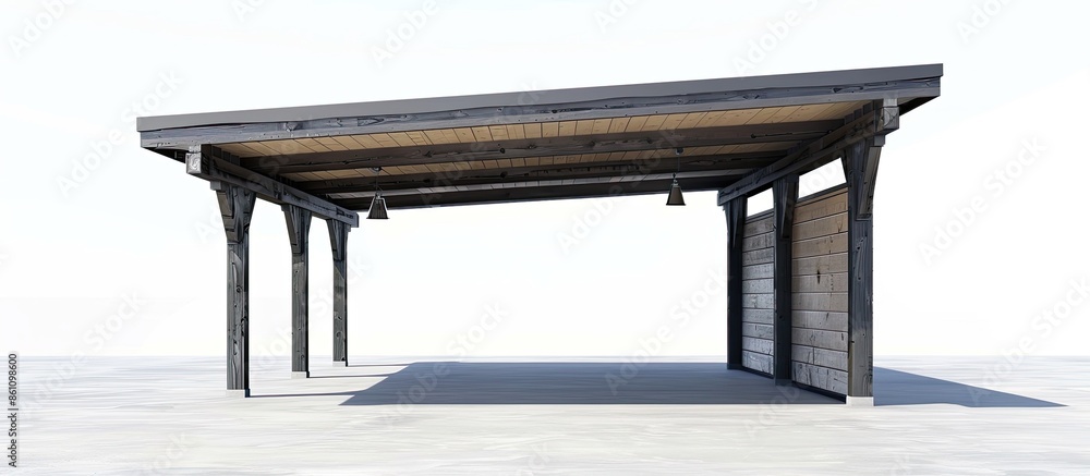 Poster modern materials for construction - i-beam carport construction. copy space image. place for adding 