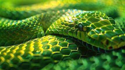 Obraz premium A detailed texture of a snake's skin, with interlocking scales in vibrant green and yellow hues, reflecting light with a glossy finish.