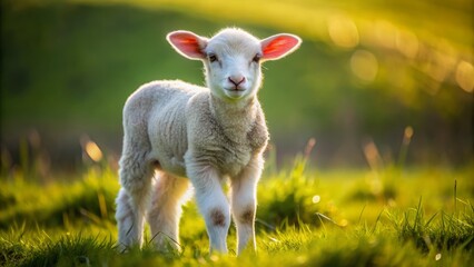 Fototapeta premium Adorable young lamb with fluffy white coat and curious expression grazes peacefully in a lush green meadow landscape.
