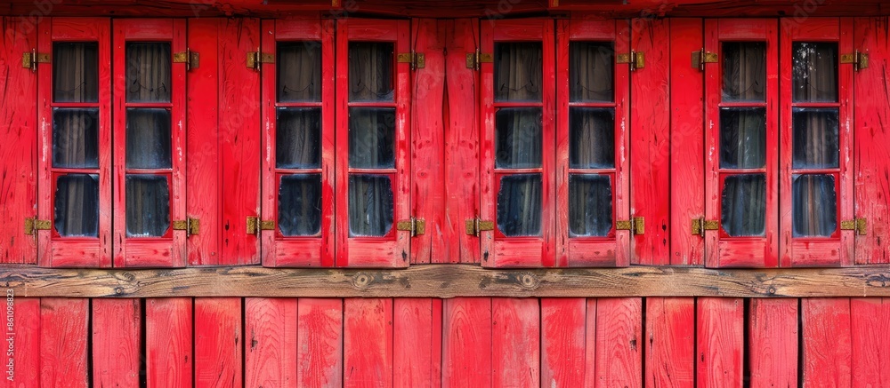 Poster row of wood red window. copy space image. place for adding text and design