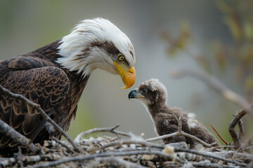 Fototapeta premium Adult bald eagle caring for its young chick in nest