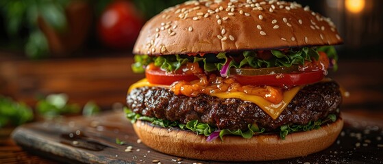 Vector art of a classic American cheeseburger with layers of lettuce, tomato, cheese, and a sesame seed bun. 