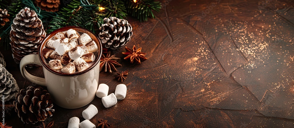 Poster hot cocoa and milk, marshmallow with christmas tree. copy space image. place for adding text and des