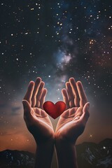 Hands Holding Heart Under Starry Night Sky