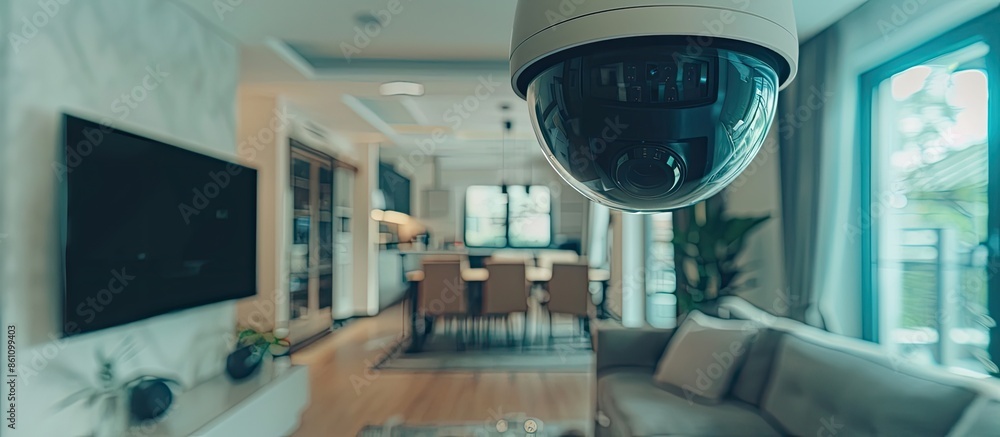 Aufkleber view of living room from modern security cctv camera. protection system. copy space image. place for