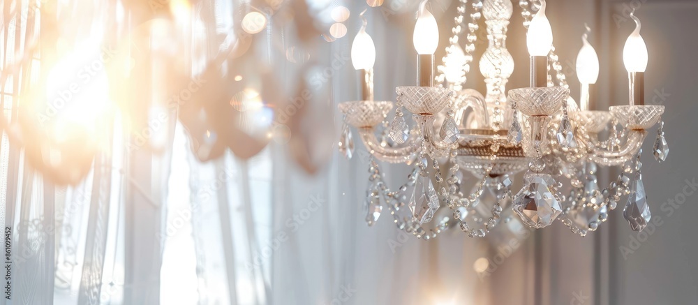 Poster crystal chandelier shines hanging from the ceiling in the room. copy space image. place for adding t
